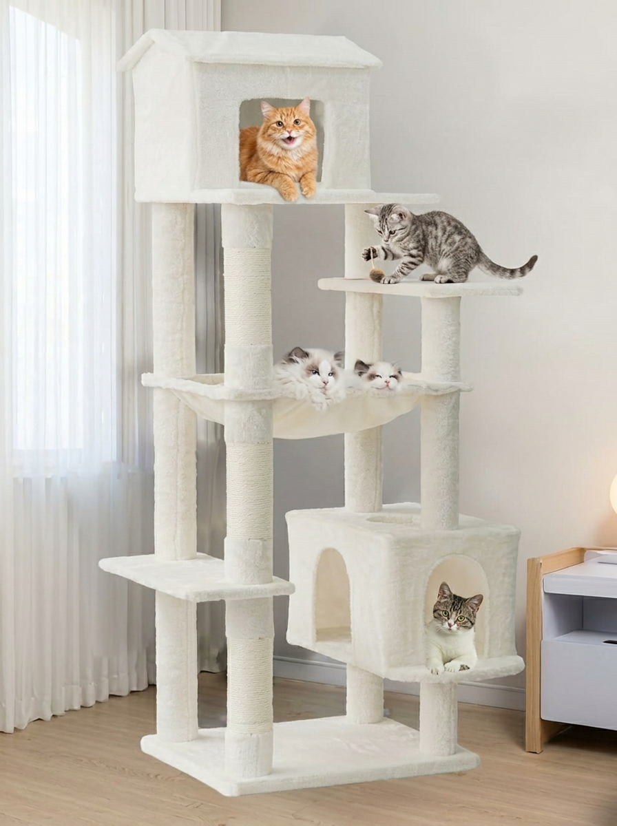 Modern Plush Cat Tower — 4-Level with Sisal Scratching Posts, Condo & Perches (Light Gray)