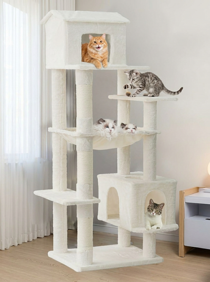 Modern Plush Cat Tower — 4-Level with Sisal Scratching Posts, Condo & Perches (Light Gray)