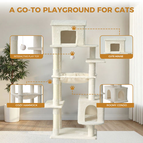 Modern Plush Cat Tower — 4-Level with Sisal Scratching Posts, Condo & Perches (Light Gray)