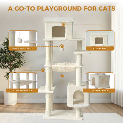 Modern Plush Cat Tower — 4-Level with Sisal Scratching Posts, Condo & Perches (Light Gray)