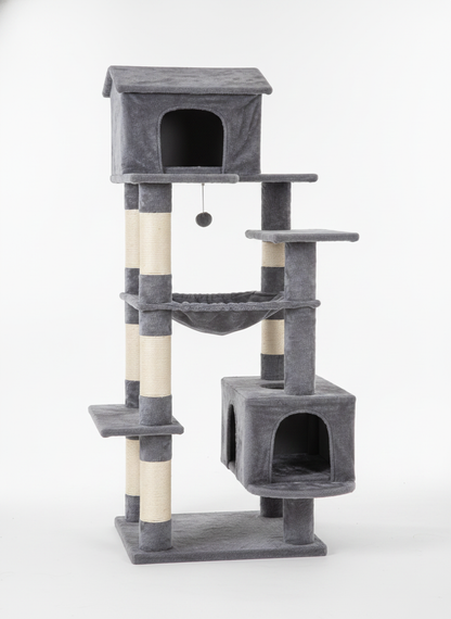 Modern Plush Cat Tower — 4-Level with Sisal Scratching Posts, Condo & Perches (Light Gray)