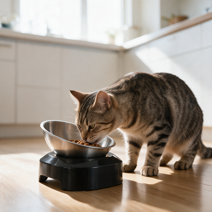 Elevated Stainless Steel Cat Bowl — Anti-Vomit Tilted Design, Non-Slip Base